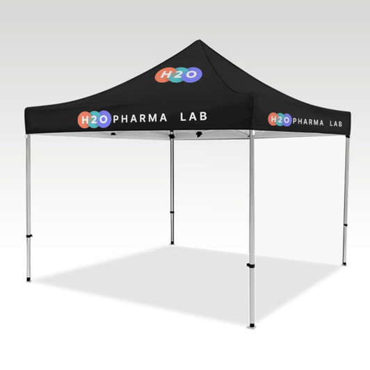 A black marquee tent with a sturdy frame, featuring a branding logo on the top.