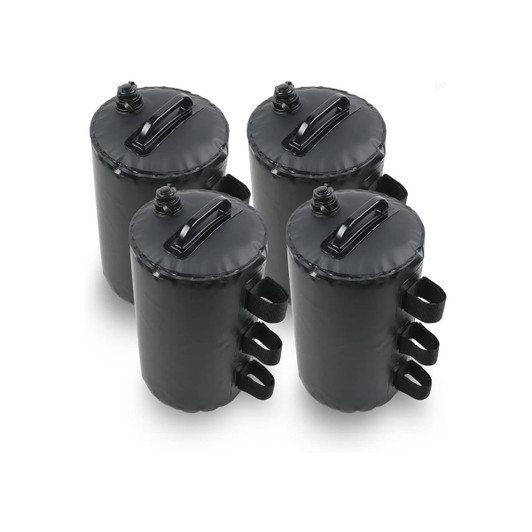 A set of four black weight bags with handles and screw-top openings, designed for stability during events.