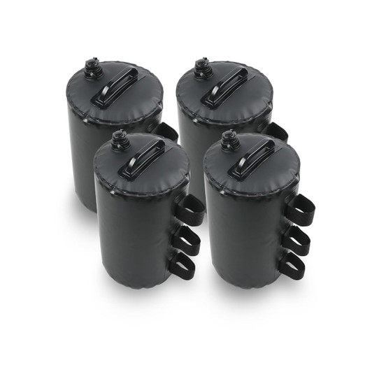 Four black sandbags with handles and screw-top lids designed for securing items or tents.