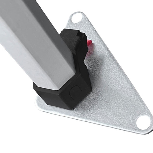 A black connector attached to a metal triangular base for securing a marquee frame. Silver and black colours are present.