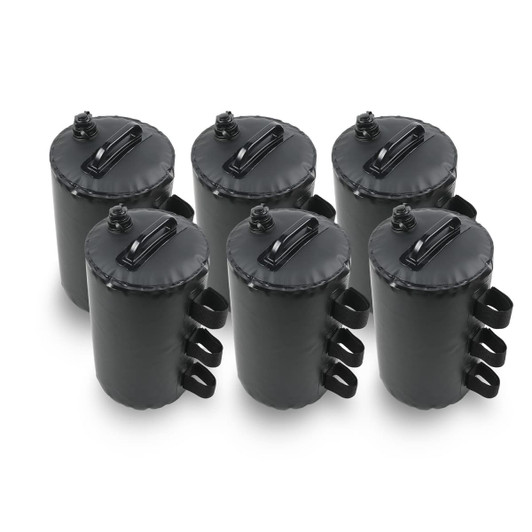 A set of six black weighted bags with screw-top caps and multiple handles for easy handling.