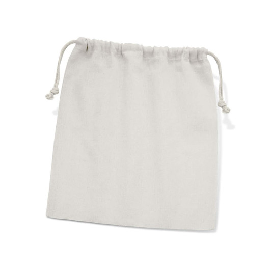 A medium cotton gift bag in a natural off-white colour with a drawstring closure. Features a logo.