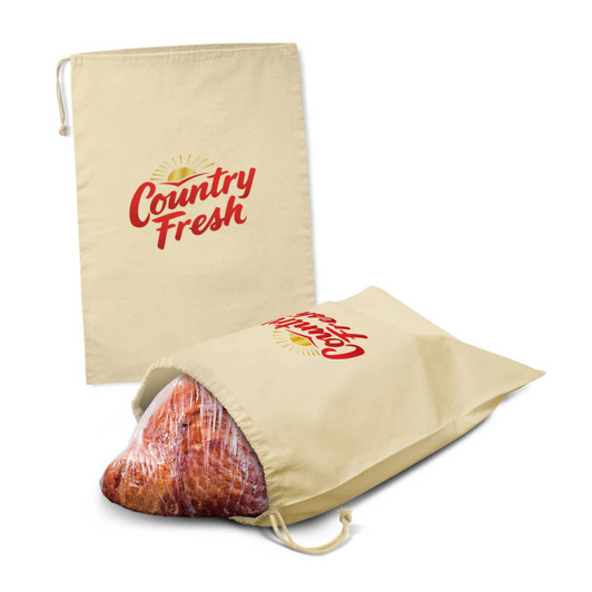 A beige storage bag featuring a logo, designed to hold a ham. One bag is open, showcasing the ham inside.