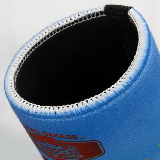 A blue stubby holder featuring a black interior and a logo or branding on the exterior.