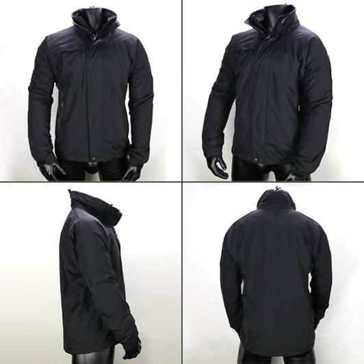 A black rain jacket displayed from multiple angles, featuring a high collar and a logo on the front.
