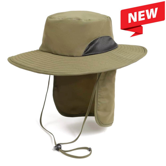 An outdoor hat in olive green with a wide brim and a neck flap; features a mesh panel and adjustable chin strap.