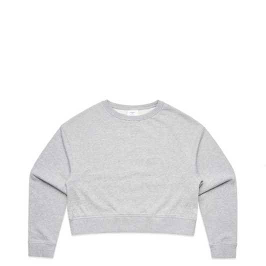 A grey cropped sweater with long sleeves and a round neckline, featuring a subtle branding logo.