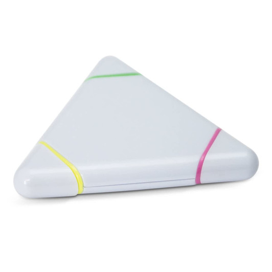 A triangular highlighter in white with green, pink, and yellow accents.