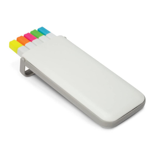 A highlighter set in a sleek white case featuring pink, orange, yellow, green, and blue highlighters.