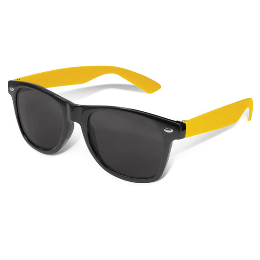Malibu Premium Sunglasses featuring a black frame and yellow arms, complete with dark lenses and a logo.