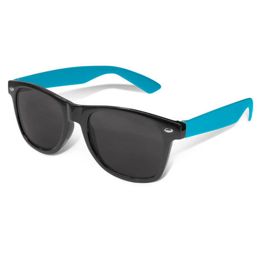 Malibu Premium Sunglasses featuring a black frame with vibrant blue arms and dark lenses.