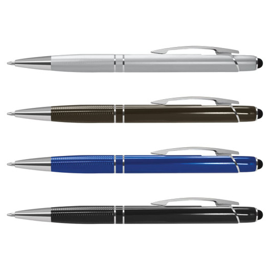 A collection of four stylus pens in silver, green, blue, and black with metallic accents and clip designs.
