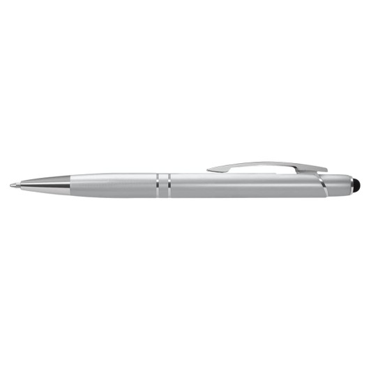 A silver stylus pen with a sleek metallic finish and a clip for easy attachment.