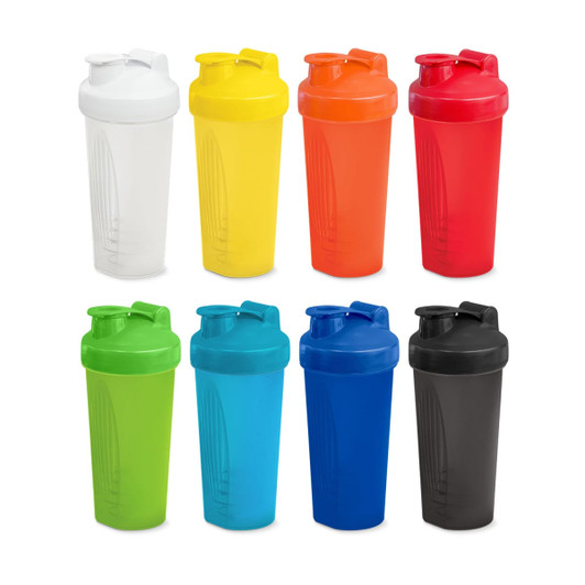 A drink bottle set featuring eight protein shakers in white, yellow, orange, red, green, blue, and black, each with a lid.