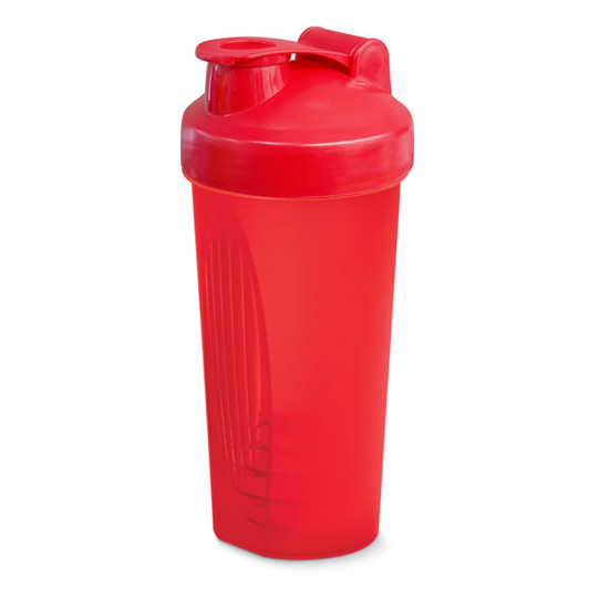 A drink bottle in vibrant red, featuring a secure lid and integrated whisk for mixing. It has a logo on the side.