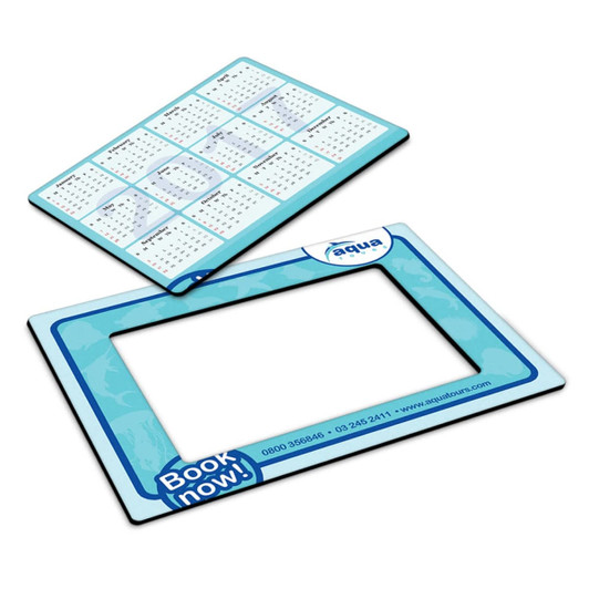A magnetic photo frame in aqua blue, featuring a calendar layout and a rectangular photo opening, with a logo.
