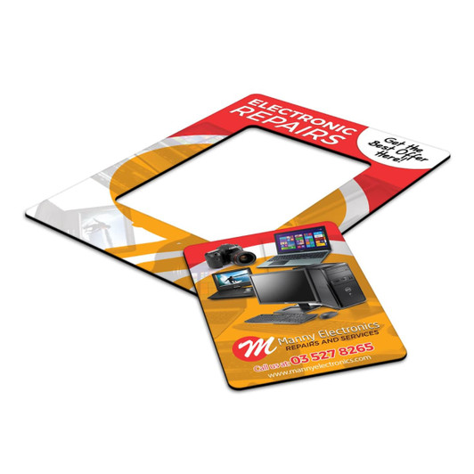 A magnetic photo frame featuring a colourful design with a central empty space and a business card for electronic repairs.