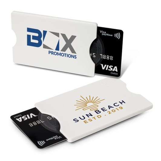 An RFID card protector in white, holding two black debit cards, featuring logos on the front.