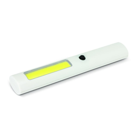 A white COB light featuring a yellow light panel and a single black button, ideal for keyrings and tools.