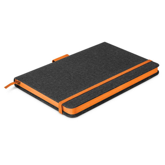 A notebook with a black cover and an orange elastic band, featuring a sleek design and a bookmark.