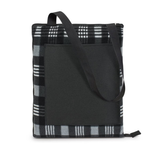 A black and grey plaid picnic blanket with a carrying strap and a front pocket. Features a branding logo.