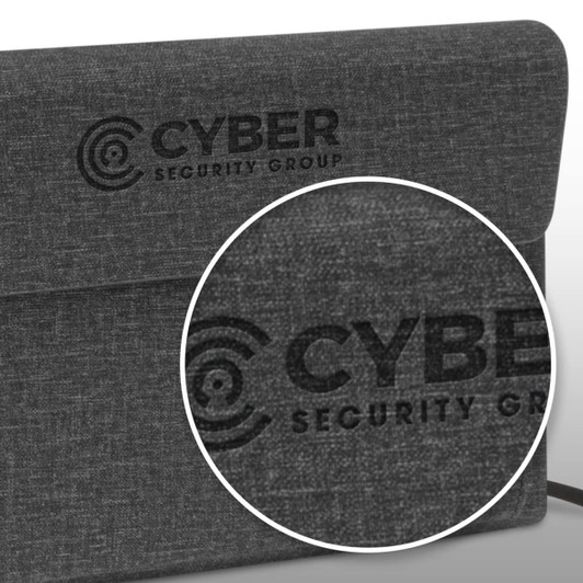 A Stanford Notebook with a dark gray fabric cover featuring the embossed logo of "Cyber Security Group."