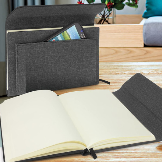 A Stanford Notebook featuring a sleek gray cover, an inner pocket for a smartphone, and blank pages.