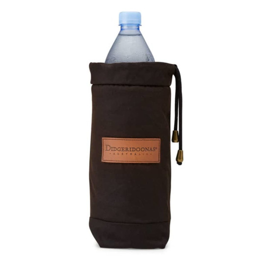 A drink bottle cooler in black fabric with a drawstring closure, featuring a logo patch on the front.