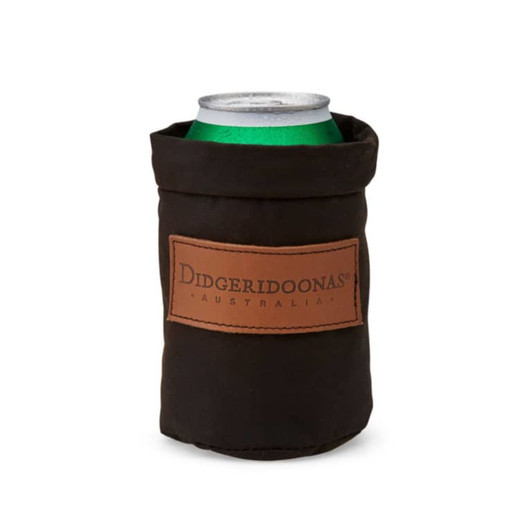 A drink bottle cooler in black fabric with a brown leather patch and a can inside.