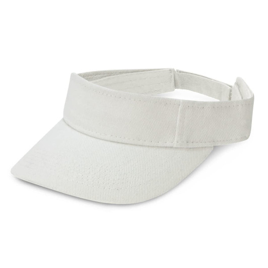 A white sun visor featuring a wide brim and adjustable band for a comfortable fit.
