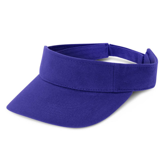A purple sun visor with a wide brim and adjustable strap.