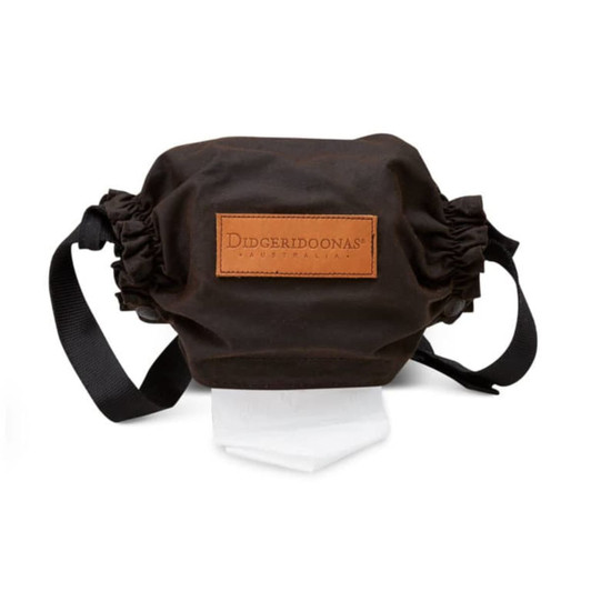 A brown Dunny Roll Holder with elastic side straps and a logo patch, designed for outdoor leisure.