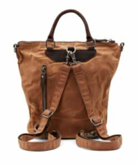 A brown convertible bag with a top handle and adjustable straps, featuring a zip pocket and a logo.