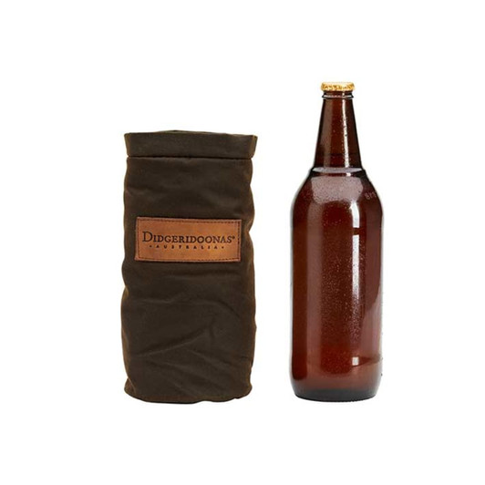 A drink bottle with a brown insulated cover on the left and a dark brown glass bottle on the right.