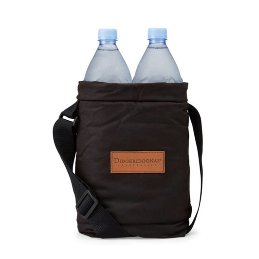 A drink bottle cooler in black, holding two water bottles, with an adjustable strap and a logo on the front.