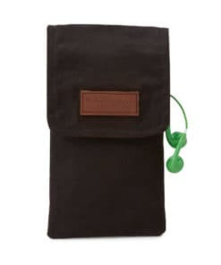 A black phone wallet featuring a leather label and attached green earphones.