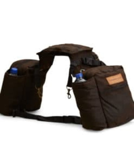 A brown Saddle Bag with two side pockets, each containing a drink bottle and featuring a logo.
