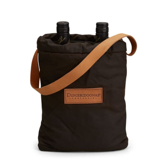 A drink bottle bag in dark brown with a shoulder strap, featuring a logo on the front. Two bottles are visible inside.