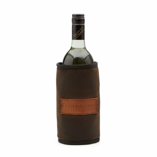 A drink bottle wrap in brown with a logo, designed to keep wine bottles cool.