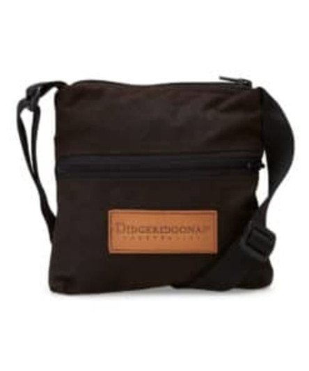 A black crossbody bag featuring a front zipper pocket and an adjustable strap, with a logo patch.