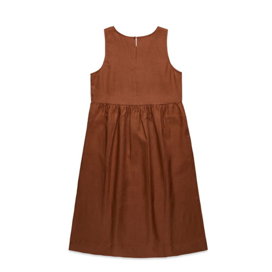 A brown linen dress featuring a sleeveless design and a gathered skirt. The back has a zip closure.