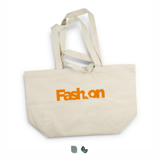 A large beige tote bag with orange branding and two sturdy handles. Features a logo on one side.