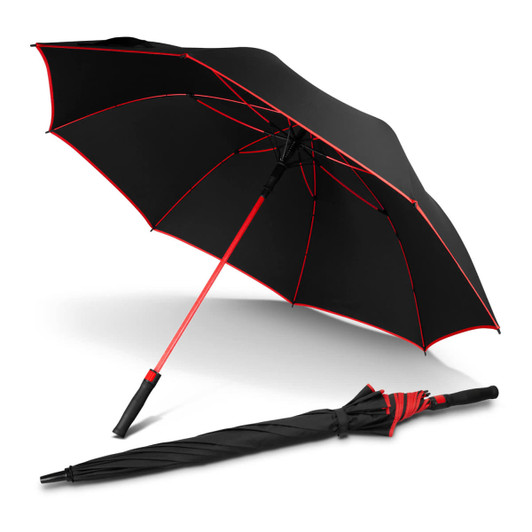A black umbrella with red accents, displayed opened and closed, featuring a logo on the handle.