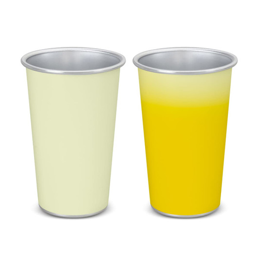 A drink cup set featuring a light green cup and a yellow cup, both with silver rims. The design includes a logo.