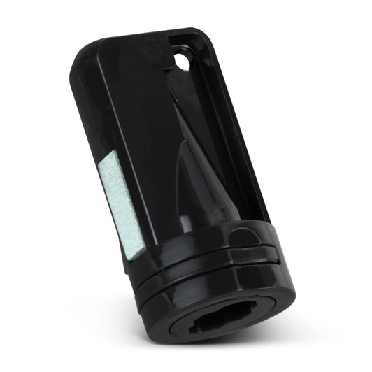 A black carpenter's pencil sharpener with a smooth surface and a hole for easy attachment.