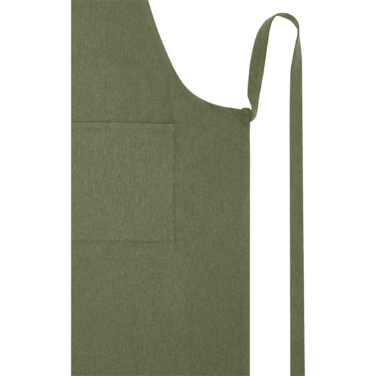 A green recycled apron with a pocket and ties, featuring a logo. Made from 240 g/m2 fabric.