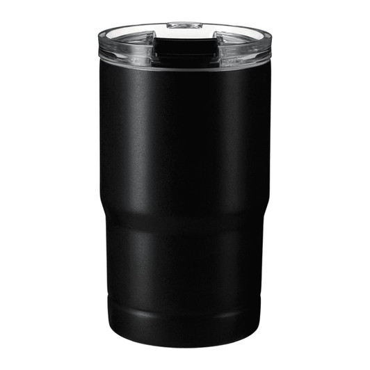 A black vacuum tumbler with a clear lid, designed for travel and featuring a logo.