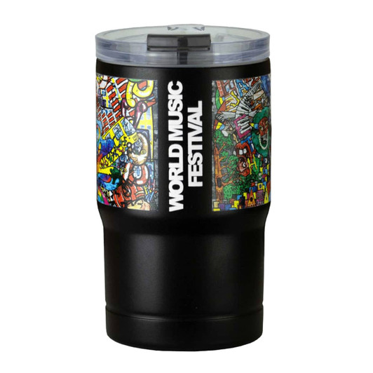 A drink bottle featuring a vacuum tumbler design with colourful festival artwork and a black base. It has a lid with a slot.
