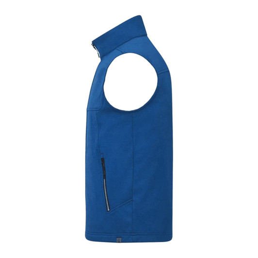 A blue eco waterproof softshell vest with a high collar and a zippered side pocket, featuring a logo.