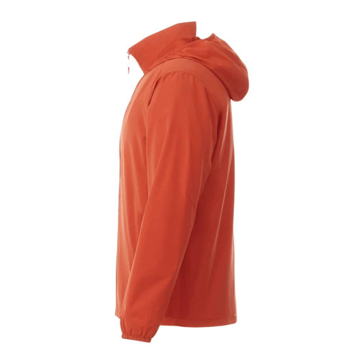An orange men's packable rain jacket with a hood and a side view showcasing its design and fit.